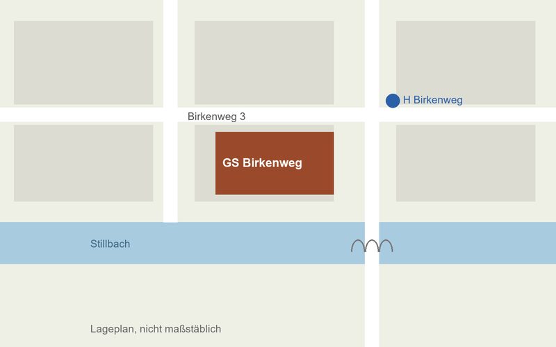 Lageplan: Die Schule liegt am Birkenweg, die Bushaltestelle ist zwei Minuten entfernt