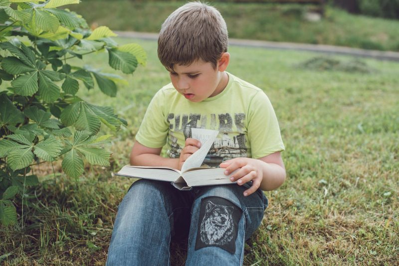 Ein Junge liest im Gras ein Buch